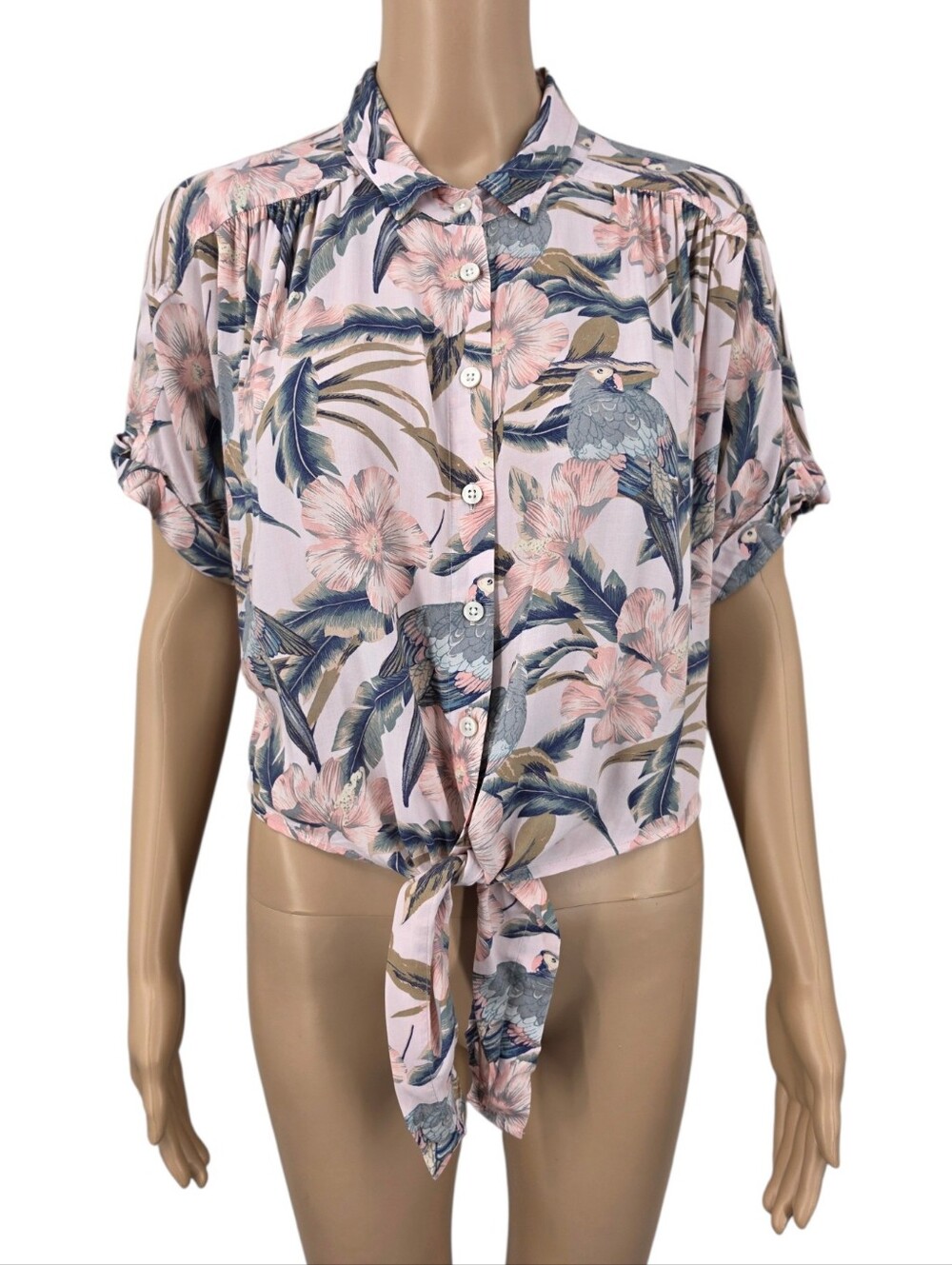 American Eagle Tropical Muted Floral Cropped Tie Front Top Shirt Button Down